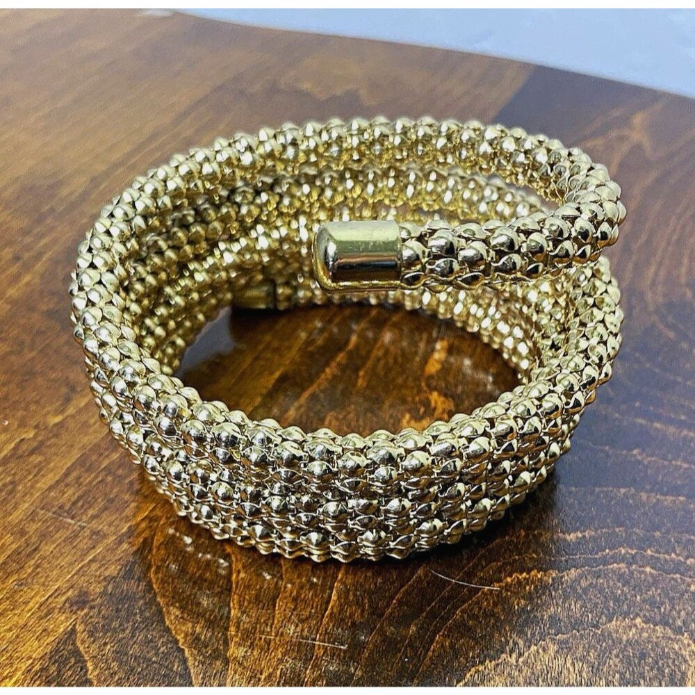 Vintage Gold Tone Popcorn Mesh Wrap Bracelet Hefty 2oz Multi Coil Cuff Unmarked